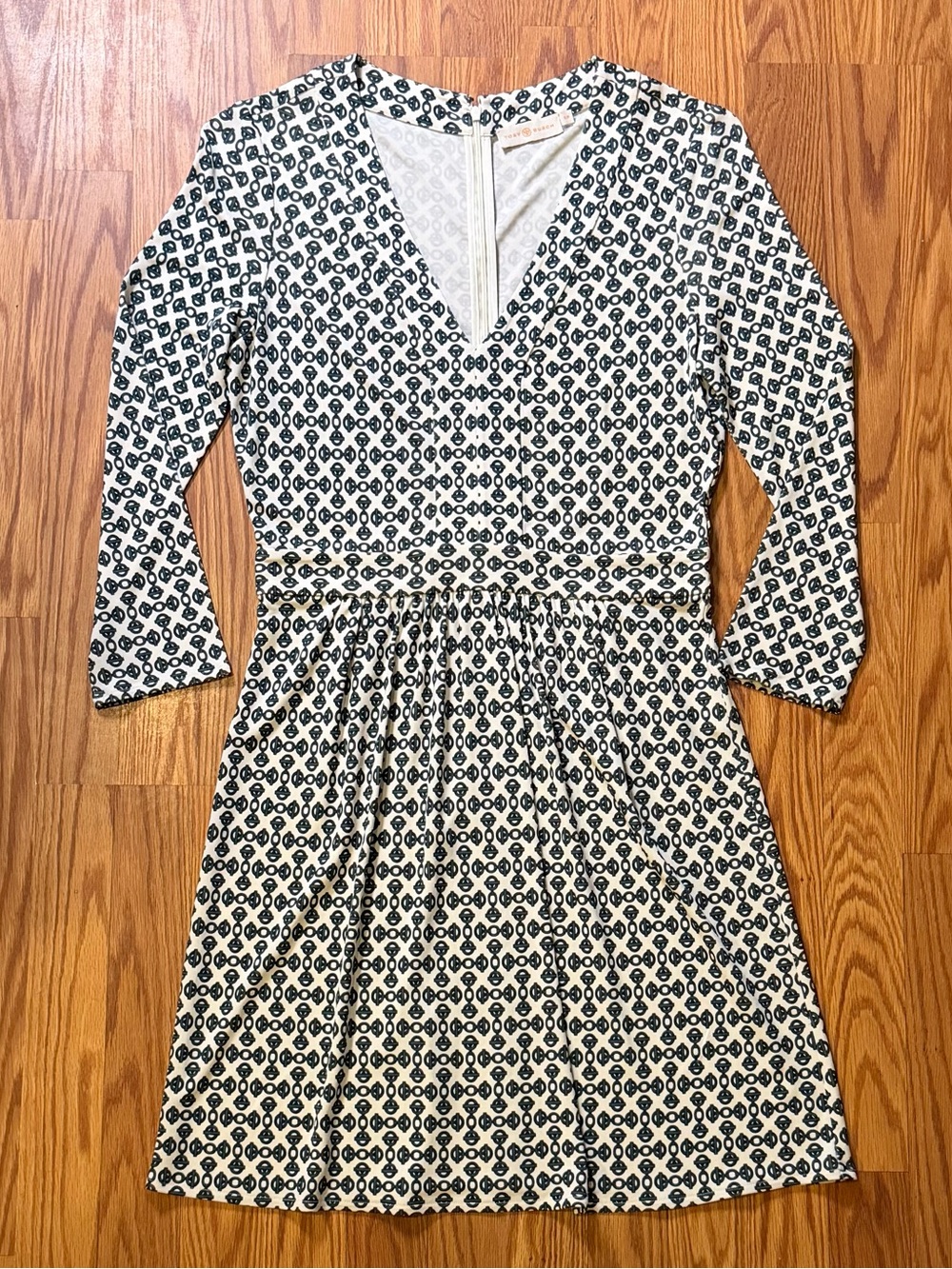 Tory Burch Navy and White Printed V-Neck Long Sleeve Dress